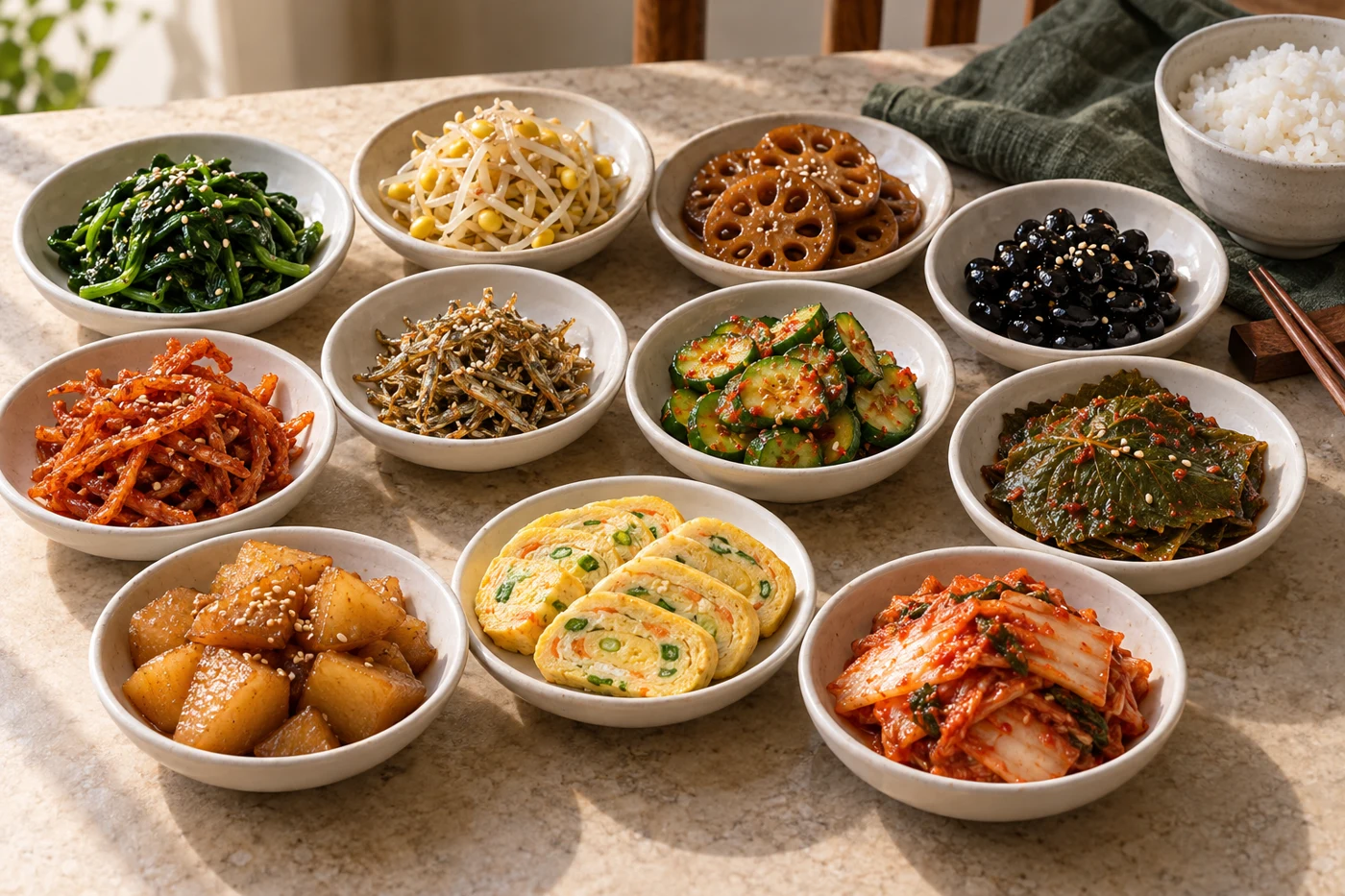 Korean banchan serving inspiration: namul, braised vegetables, anchovies, rolled eggs and kimchi