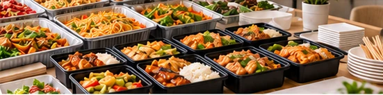 Asian party trays and individually packed lunch boxes