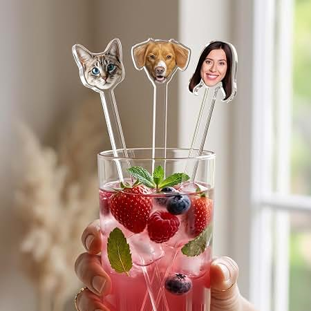 Custom Photo Face Drink Stirrers - 8 Inch Acrylic Cocktail Sticks