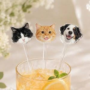 Custom Pet Photo Drink Stirrers - Cat and Dog Acrylic Swizzle Sticks