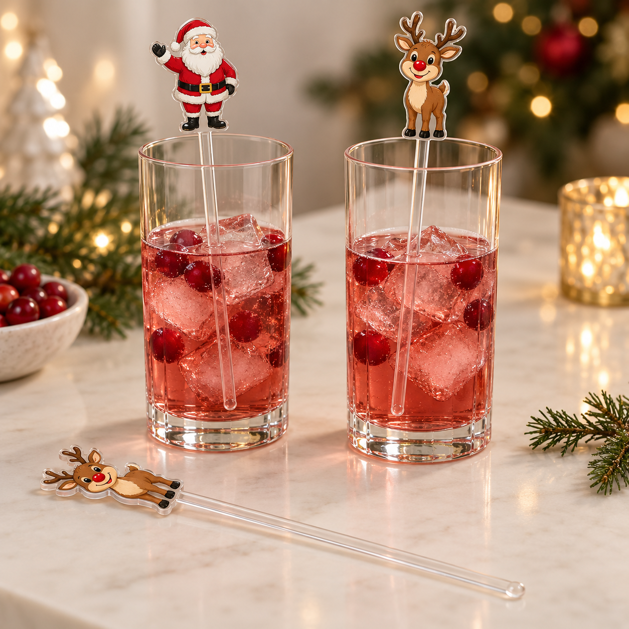 Full-Body Santa and Rudolph Acrylic Christmas Drink Stirrers - 8 Inch